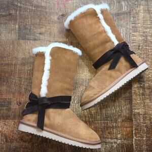 Koolaburra by UGG Rozalia Tall Fur Lined Boot Womens 8 Tie Shearling Suede Brown